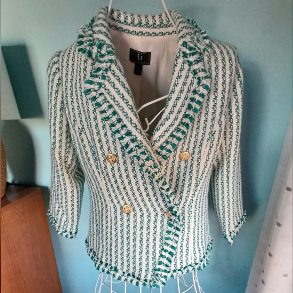 NWOT G by Giuliana Teal & Off White Tweed Stripe Blazer - Women's Size X Small